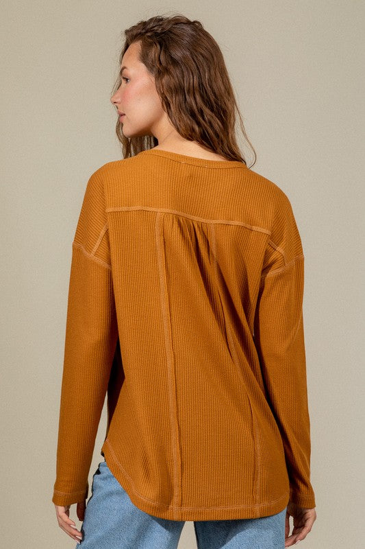 ELISA WAFFLE KNIT HENLEY TOP - CAMEL