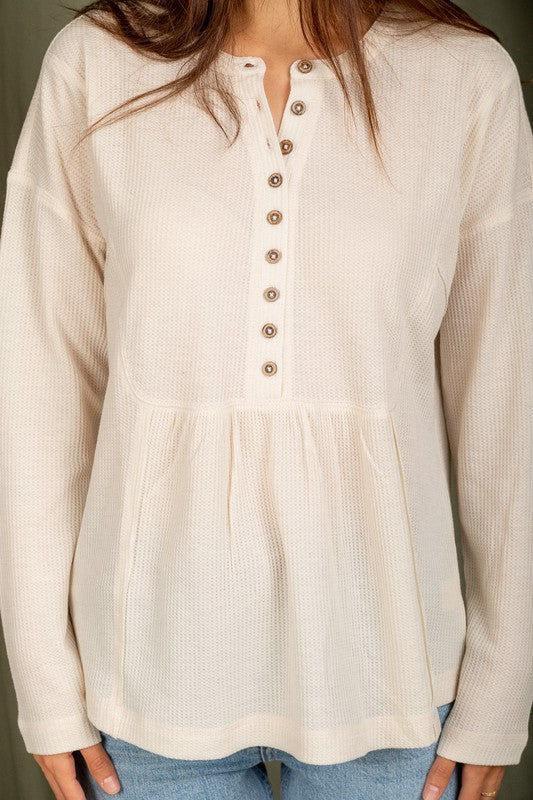 ELISA WAFFLE KNIT HENLEY TOP - CREAM