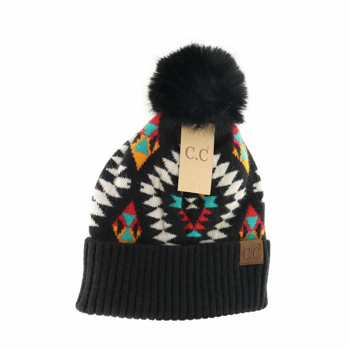 AZTEC PATTERNED FAUX FUR POM BEANIE - BLACK