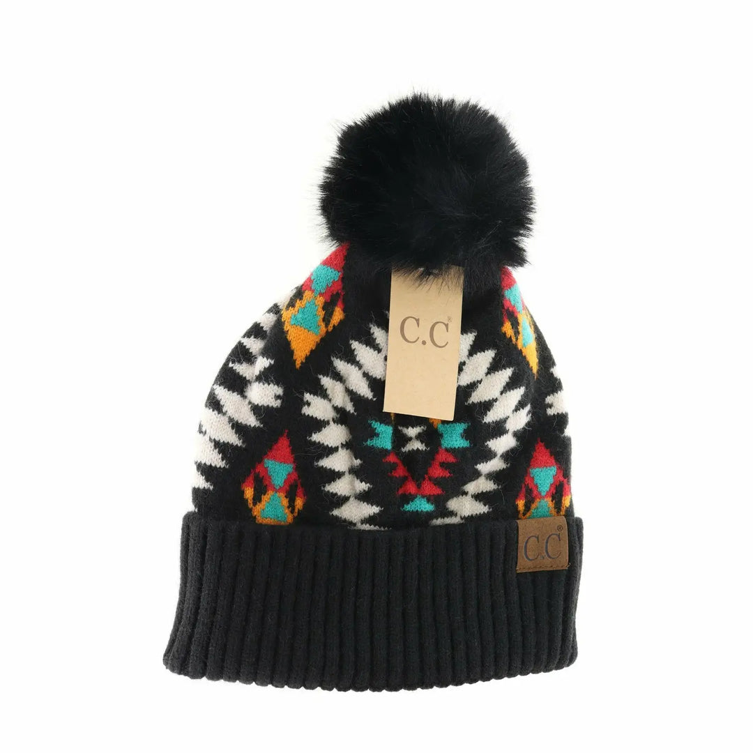 AZTEC PATTERNED FAUX FUR POM BEANIE - IVORY