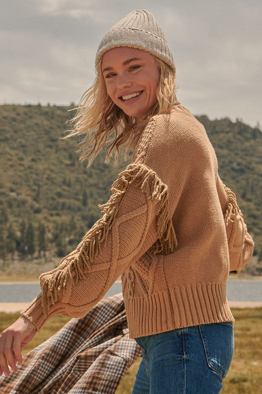 WARMS MY SOUL CABLE KNIT FRINGE SWEATER