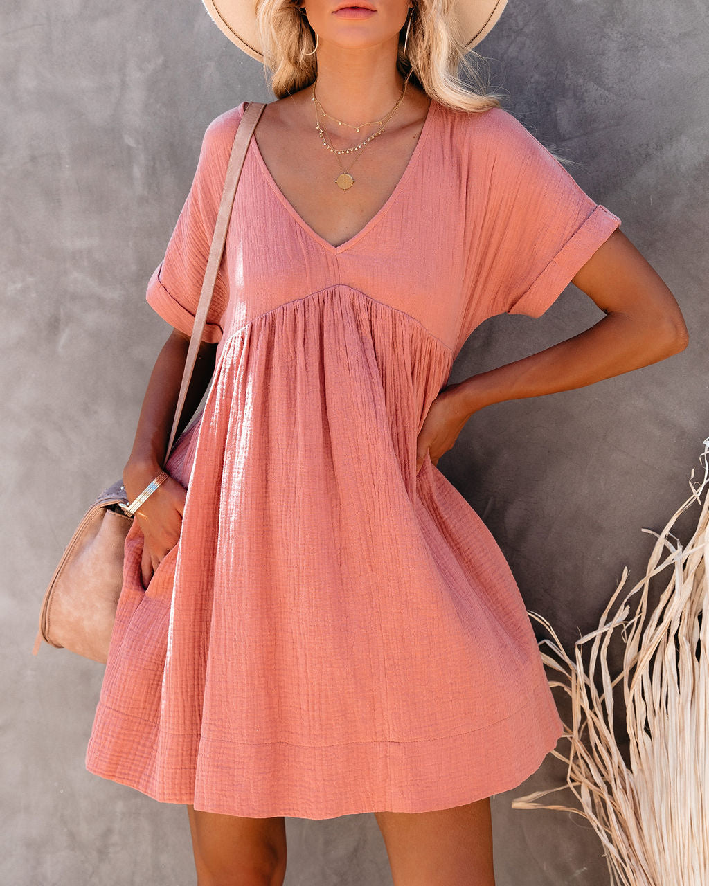 OATLAND COTTON POCKETED BABYDOLL DRESS - ROSE