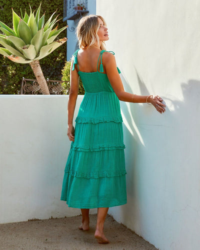 PARISA EMBROIDERED TIERED MIDI DRESS - GREEN